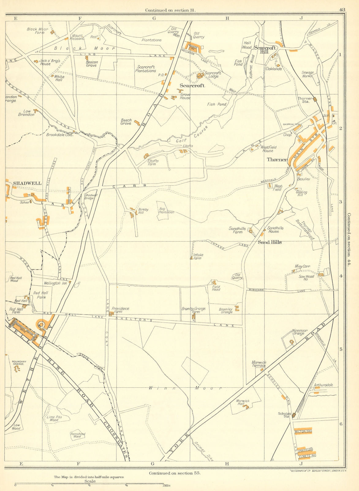 YORKSHIRE Shadwell Sand Hills Scarcroft Hill Thorner Morwick Hall 1935 old map